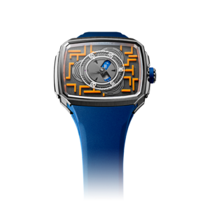 Limited Edition Hautlence Vagabonde X Black Badger watch with glowing Badgerite® elements and frosted black dial, showcasing cutting-edge design and 1980s arcade-inspired aesthetic.