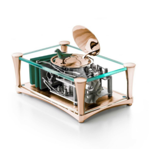 Limited Edition Reuge Automaton Singing Enchanting Birds 'Green Canary' Music Box with titanium and white gold bird, rose gold plated box, and handcrafted mechanical movement.