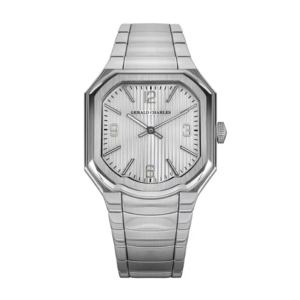 Masterlink Silver ML1.0-A-18 watch with square case, integrated asymmetrical bracelet, sunburst silver dial, and Swiss micro-rotor movement