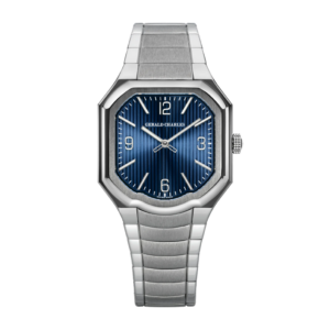 Masterlink Blue ML1.0-A-01 watch with asymmetrical square case, integrated bracelet, and sunburst blue dial with vertical stripes, powered by Swiss Manufacture 1.0 micro-rotor movement.